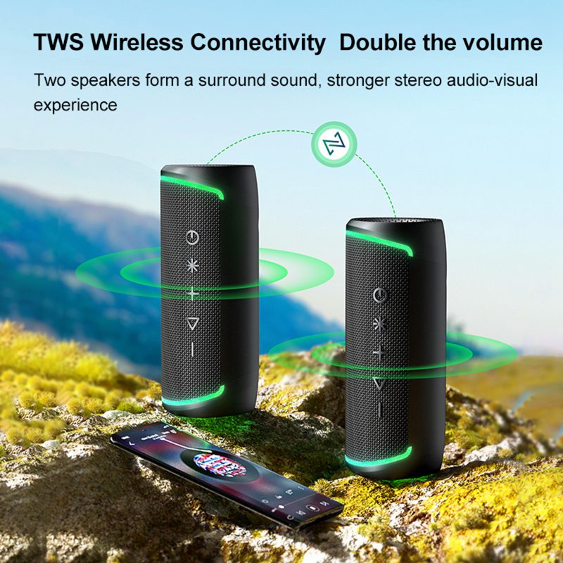 Wireless Bluetooth Speaker,16W Stereo Sound with Multi RGB LED Lights, IPX5 Waterproof Bluetooth Speakers, BT5.3, TWS Surround Pairing, Lightweight for Party Outdoor Camping, Black